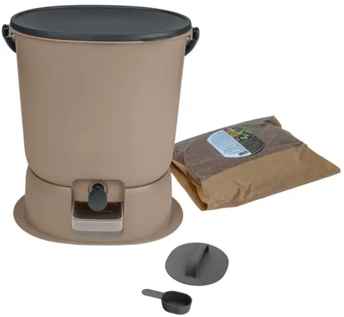 Famanu – Bokashi compostbak van 15,3 liter met 1 kg Brain en Base in cappuccino kleur, ideaal voor thuis composteren