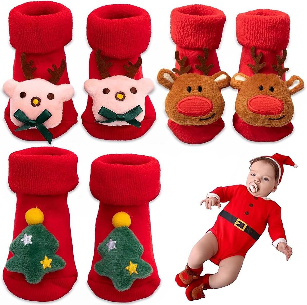 3 Paar Baby Kerstsokken voor Kinderen, Dikke Warme Winter Sokken voor 0-3 Jaar, Rood, Comfortabele en Schattige Sokken voor de Feestdagen