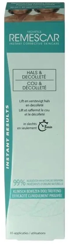 Verpakking Remescar Hals & Decolleté met "INSTANT RESULTS" en "KLINISCH BEWEZEN DOELTREFFEND".