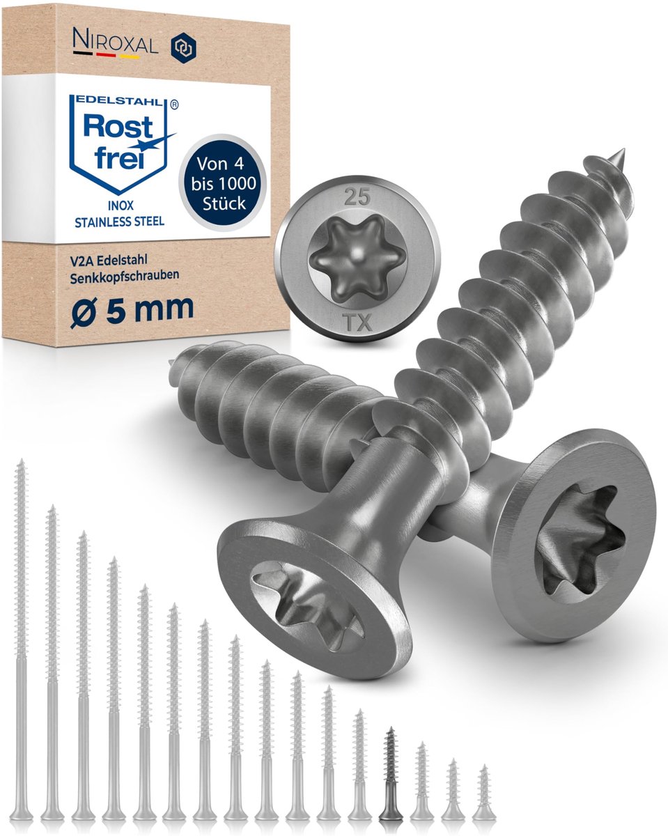 Houten schroeven V2A A2 Senkkop Torx TX25 – Deelgewinde – 5x30 mm – 500 stuks