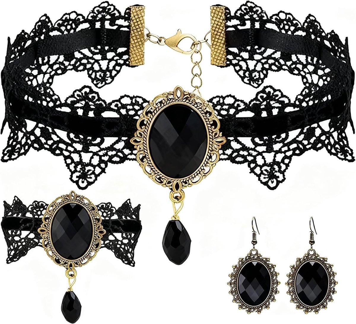 Gothic Steampunk Kostuum met 3-delige Sieraden Set voor Vrouwen: Ketting, Oorbellen en Armband voor Carnaval en Feestjes