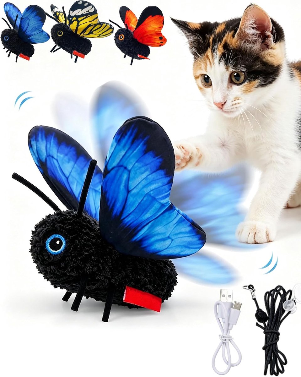 Interactief Vlinder Kattenspeelgoed - USB-oplaadbaar - Met Catnip en Weerstandsband - Fladderend Kattenspeeltje voor Binnenkatten - Blauw - SOLLBRY®