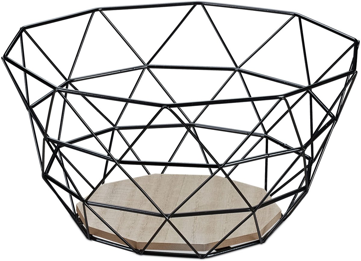 Famanu – Metalen fruitschaal voor groente, fruit en brood, industrieel design van ijzer en hout, 14,5 x 28 x 28 cm, zwart