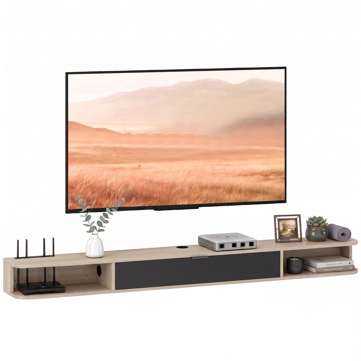 Sogiol® Zwevend TV-Meubel Houtlook voor TV tot 75 Inch - tiroir rabattable 2 étagères 180x24x16cm bois naturel