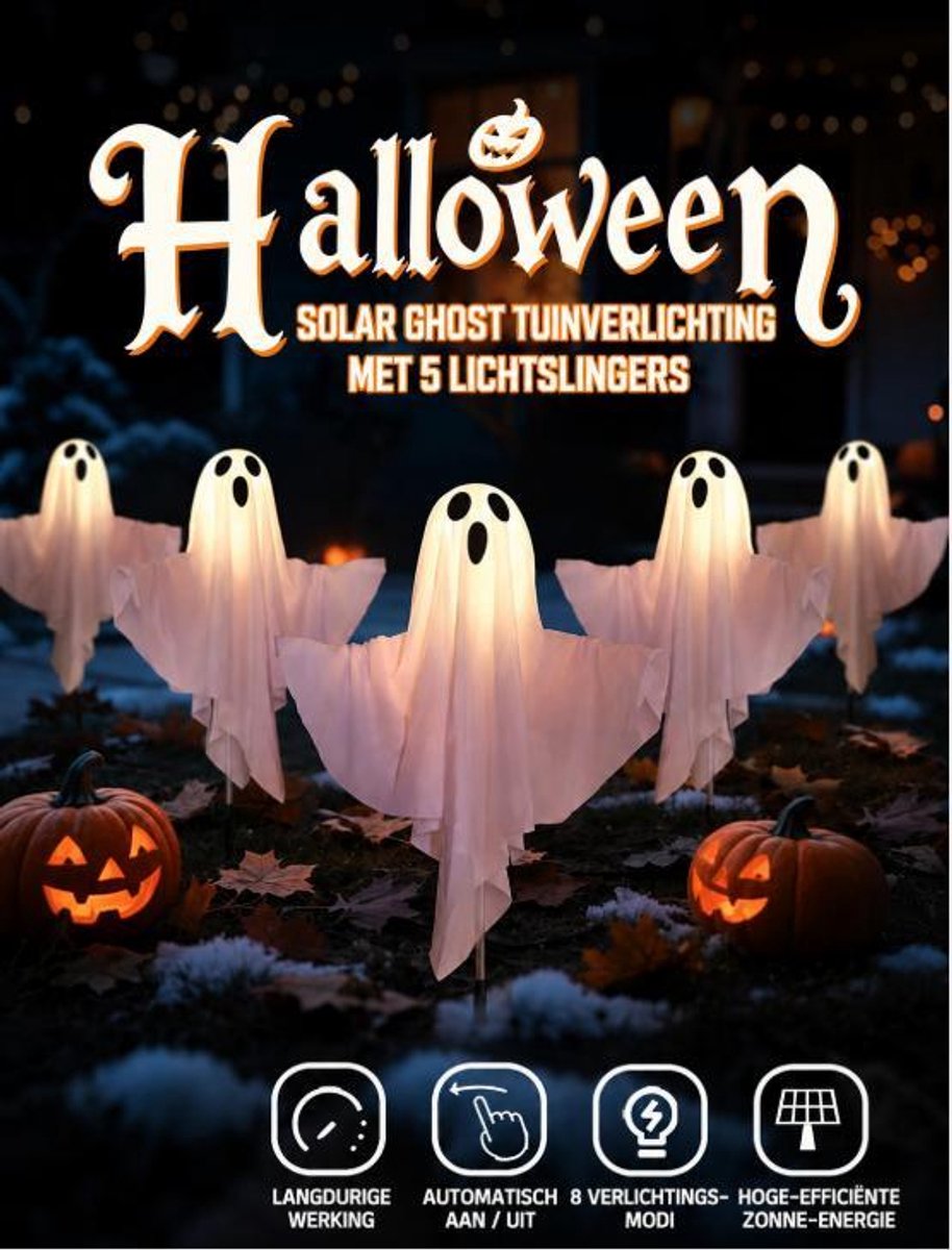 Halloween Verlichting Buiten – Solar LED Spook Lichtsnoer met Tuinstekers – Lichtgevende Geesten – Halloween Decoratie voor Tuin, Gazon en Terras
