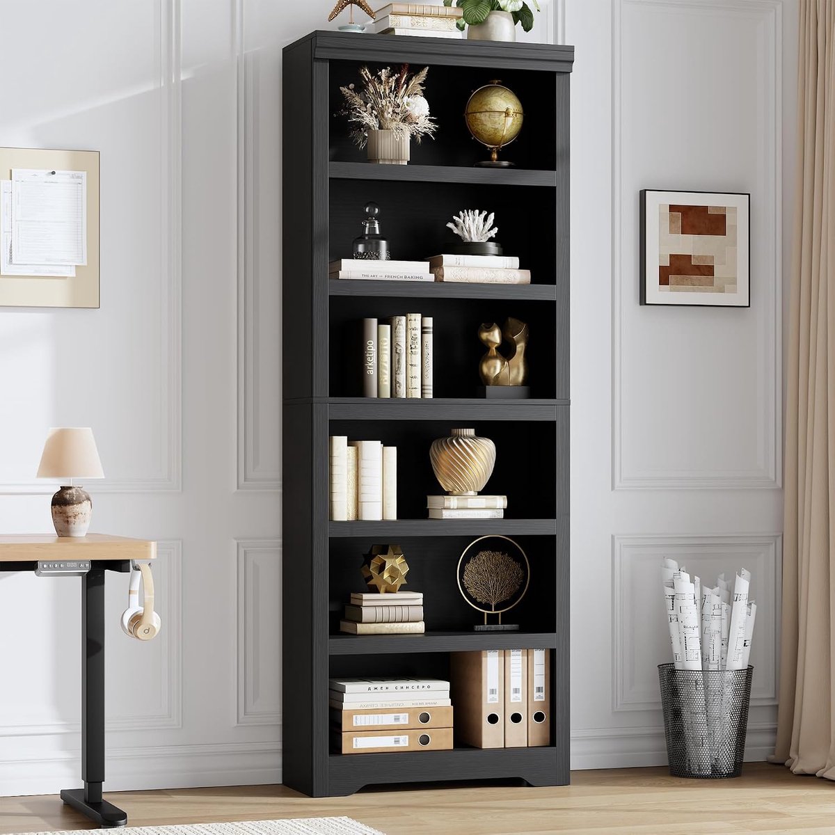 Hoge Boekenkast 6 Lagen - 60x29.5x190cm - Boekenkast Vintage - Verstelbare Planken - Kantelbeveiliging - Open Opbergkast - Voor Woonkamer Kantoor - Zwart