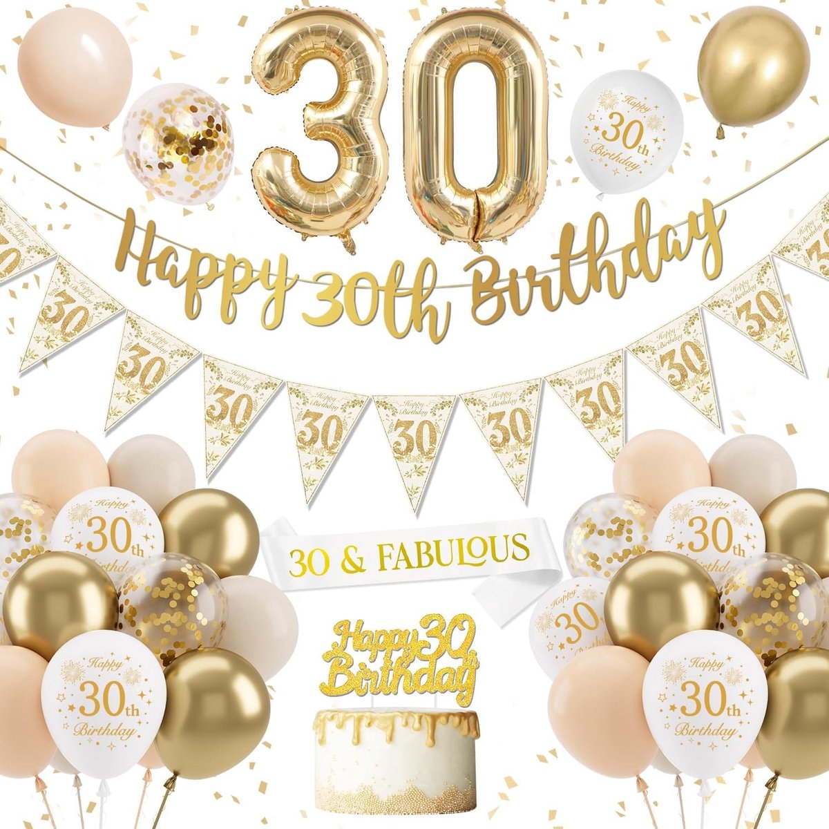 Verjaardagsdecoratie Set - Zand Wit - Feestdecoratie voor 30e Verjaardag - Inclusief Ballonnen en Banner