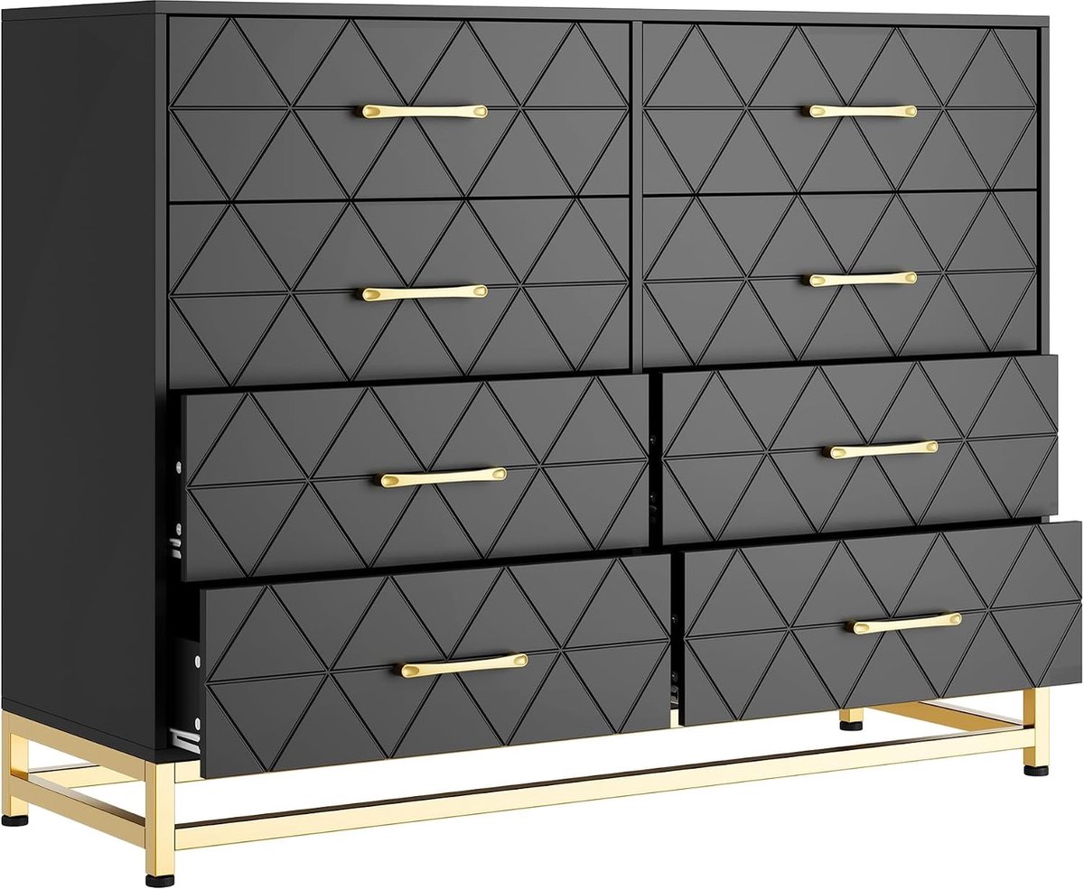 Houten dressoir met 8 laden, grote kledingkast - soft-close lades - metalen handgrepen en poten - voor slaapkamer/woonkamer/hal - zwart