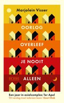 Boekcover met de titel "Oorlog overleef je nooit alleen" in rijen van huisjes op een gele, oranje en rode achtergrond.