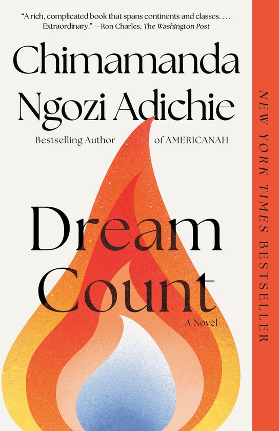 Boek 'Dream Count' van Chimamanda Ngozi Adichie. Bestseller. Vlamvormig ontwerp in oranje, rood en blauw.
