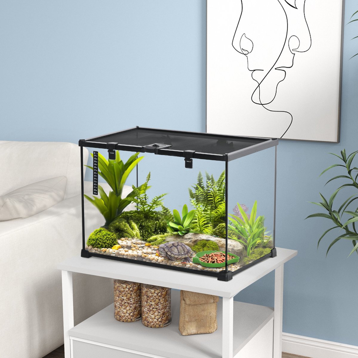 REDOM - Terrarium voor reptielen - Glazen terrarium met metalen structuur - Uitneembaar deksel met voederopening - Ausbruchsicher - Terrarium - 50 x 30 x 35 cm