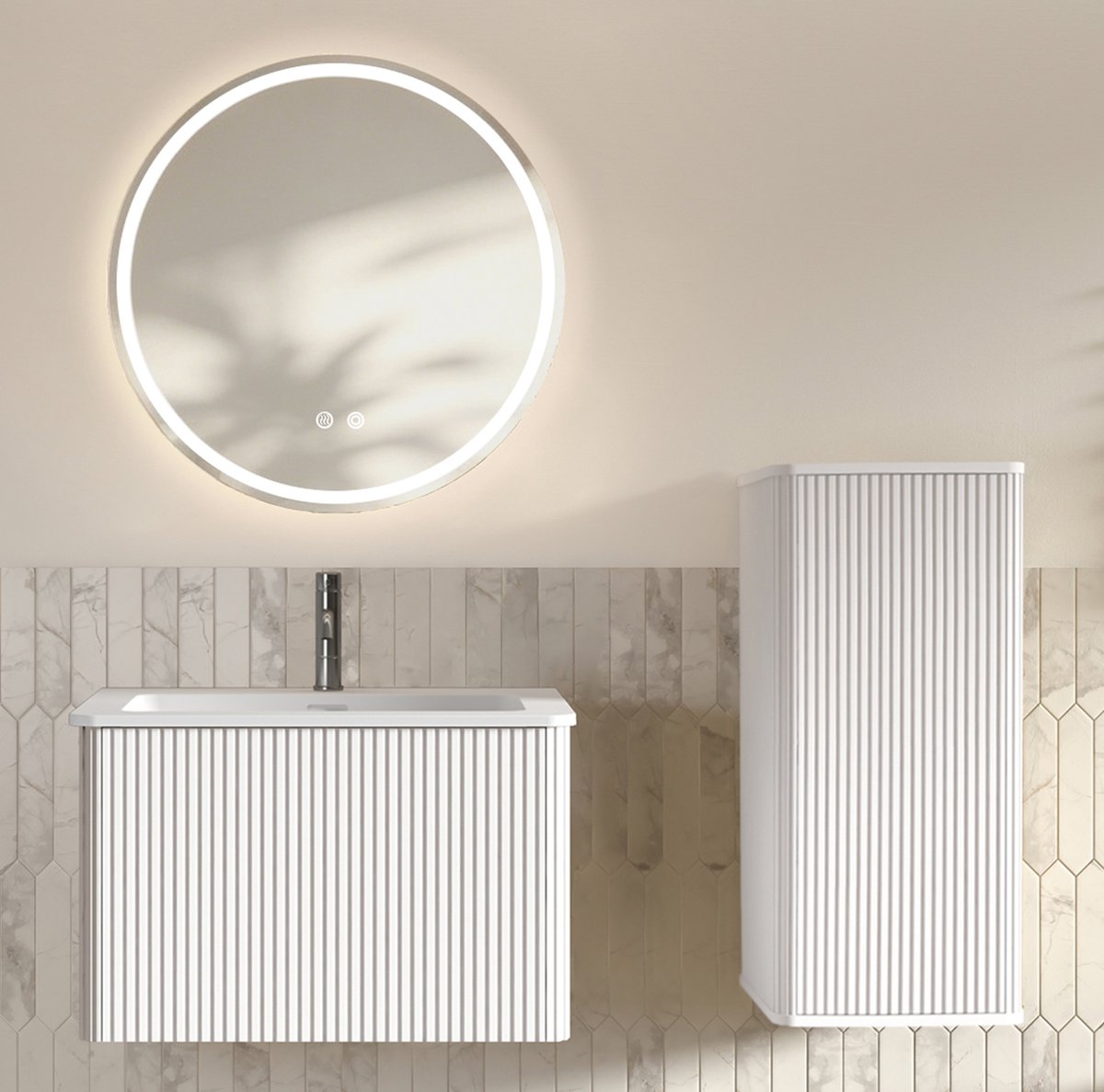 MIVRAY Badmeubelset - Wandhangend Met Wastafel, LED Spiegel En Zijkast - Modern Design Voor Badkamer Met Opbergruimte - Wit - 60 Cm