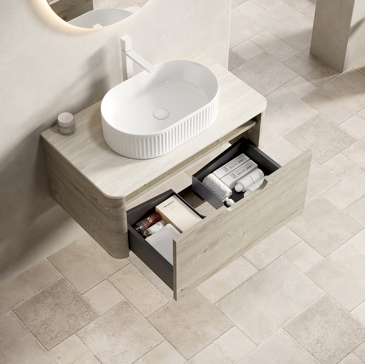 MIVRAY Badkamerkast - Hangend Badkamermeubel Met Ovale Keramische Wastafel En Lade - Voor Badkamer - Travertinlook En Beige Hout - 80x46x50,2 Cm