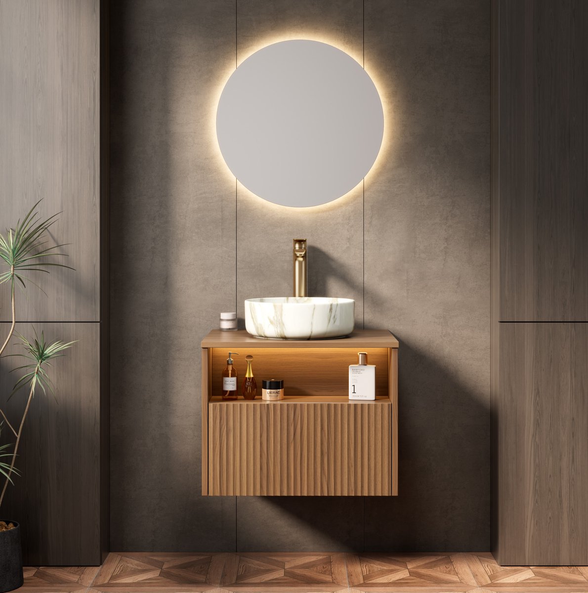 MIVRAY Badkamerkast - Wandhangende Wastafel Met Keramische Waskom - Lade En Open Vak - Sensorverlichting - Multiplex - 60 x 46 x 45 cm - Bruin Eiken