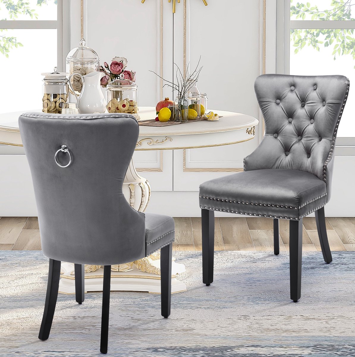 OKWISH Eetkamerstoel Set Van 6 – Fluwelen Stoel Met Knopen, Armleuningen En Nagelkopbeslag – Voor Eetkamer En Woonkamer – Hout – Grijs