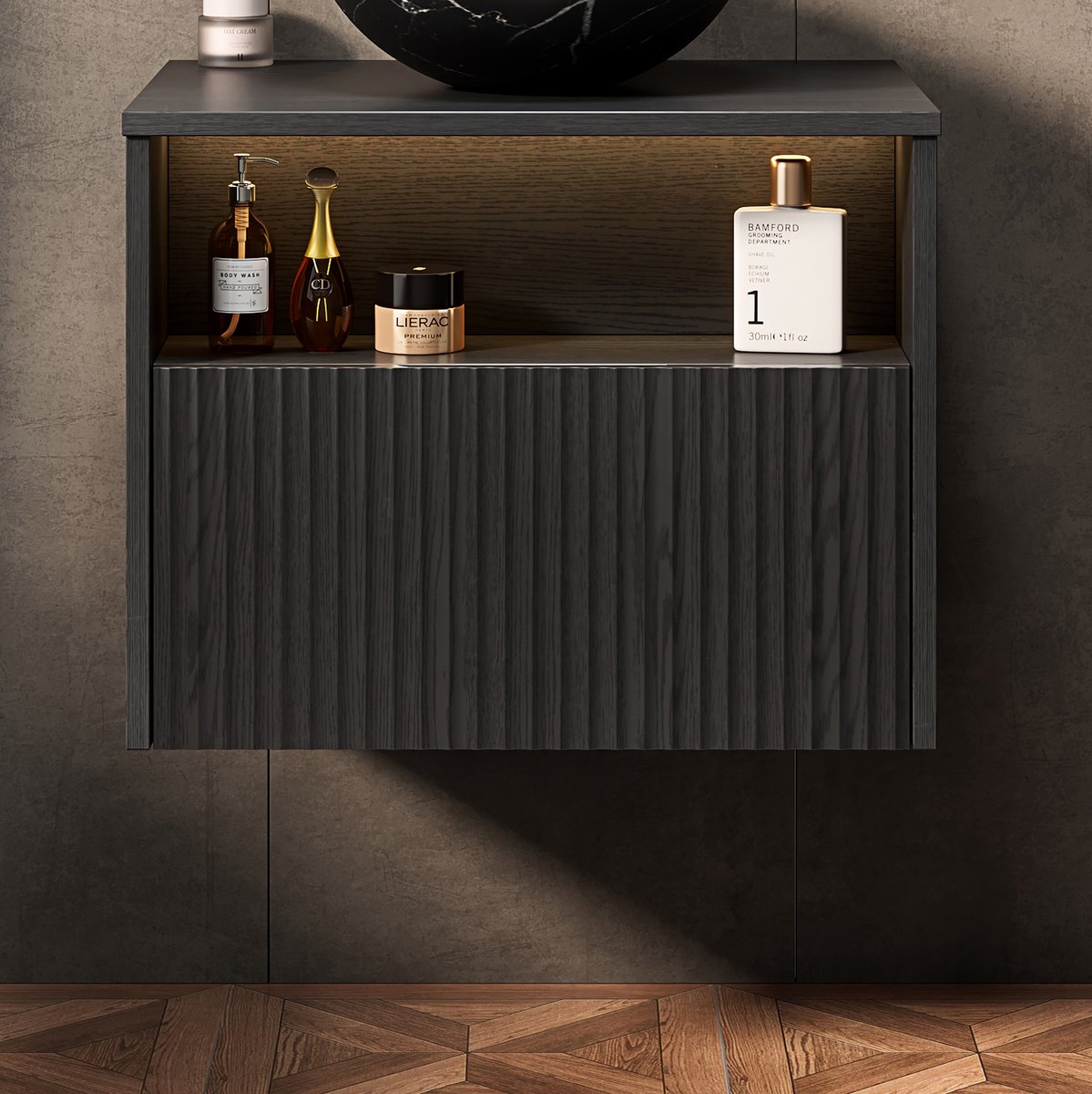 MIVRAY Badkamerkast Wandmontage Met Lade En Open Vak Zwart Houtnerf Voor Moderne Badkamer Van Multiplex 60 X 46 X 46 8 Cm
