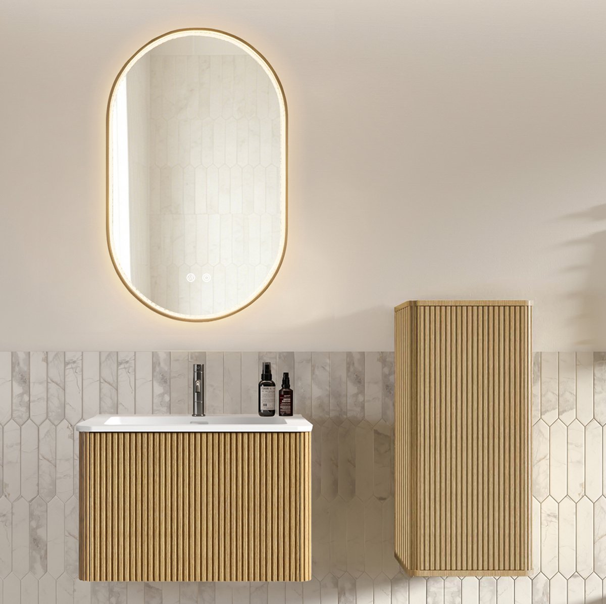 MIVRAY Badkamermeubel Set Met Wasbak Zijdelkast En LED Spiegel Wandhangend Modern Minimalistisch Met Opbergruimte Eiken Kleur 60 Cm