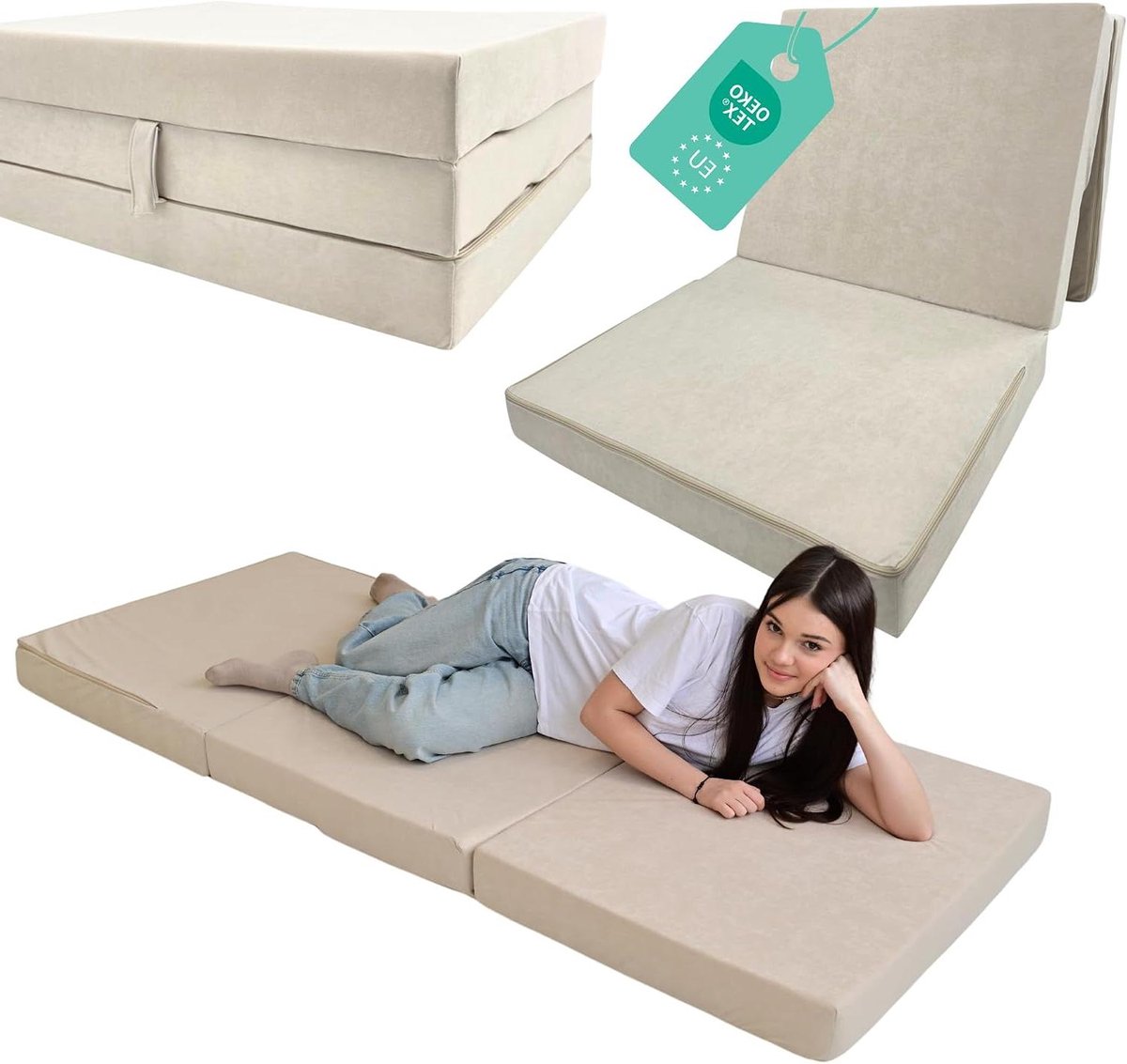 Vouwmatras - Gastenmatras Opvouwbaar - Logeren en Reizen - Afneembare Hoes - 80 x 200 cm - Beige