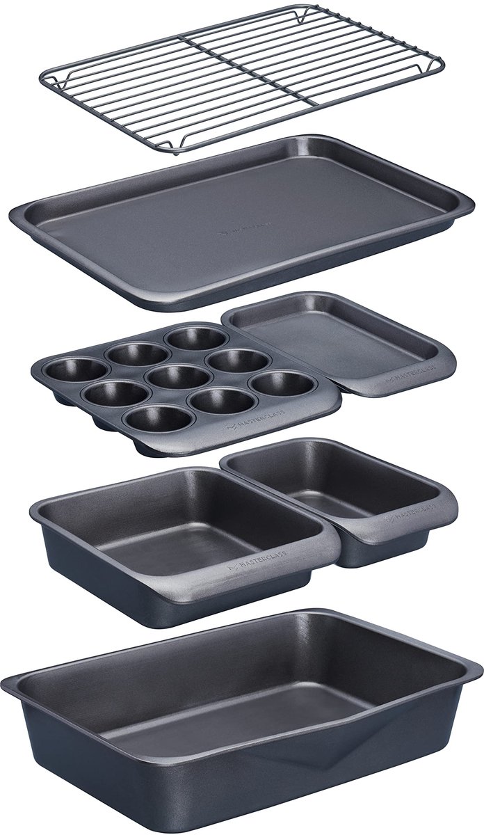 Famanu – 7-delige bakvormset, antiaanbaklaag, stapelbaar, inclusief koekenpan, vierkante cakevorm, broodvorm, muffinschaal, twee bakplaten en koelrek, in geschenkdoos