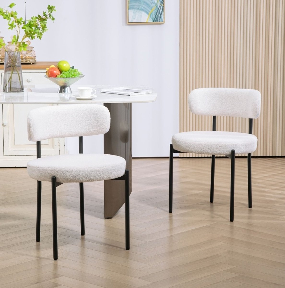 STILVORA Eetkamerstoel Set van 2 Cremeweiß - Zachte Fleece Bekleding Met Gepolsterde Zitting En Rugleuning - Voor Eetkamer En Keuken - Metaal - Cream White