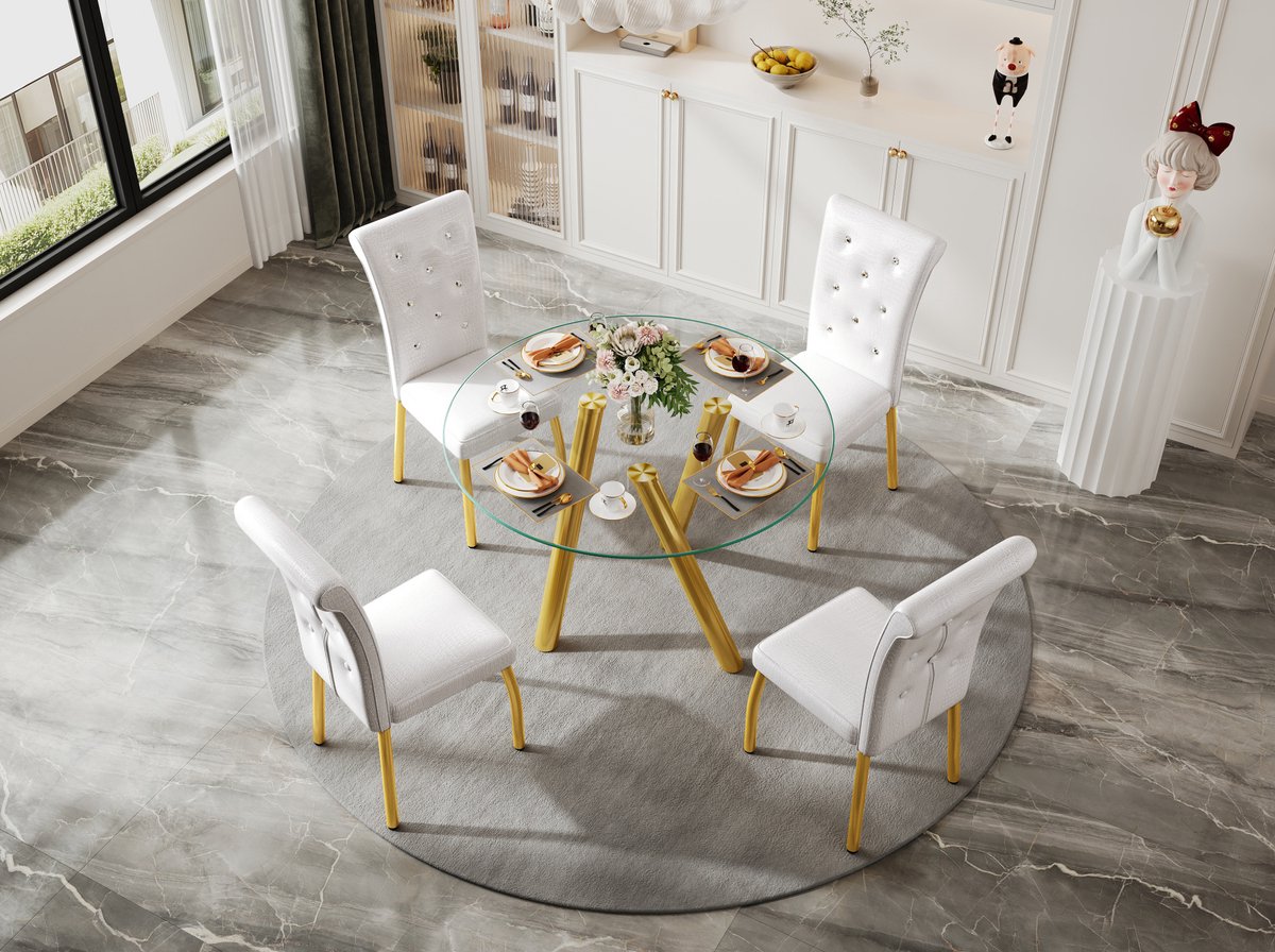 STILVORA Tafel En Stoelen Set 5 Delig - Ronde Eettafel Voor 4 Personen - Glas Met Gouden Metalen Poten - Keuken En Eetkamer - Wit