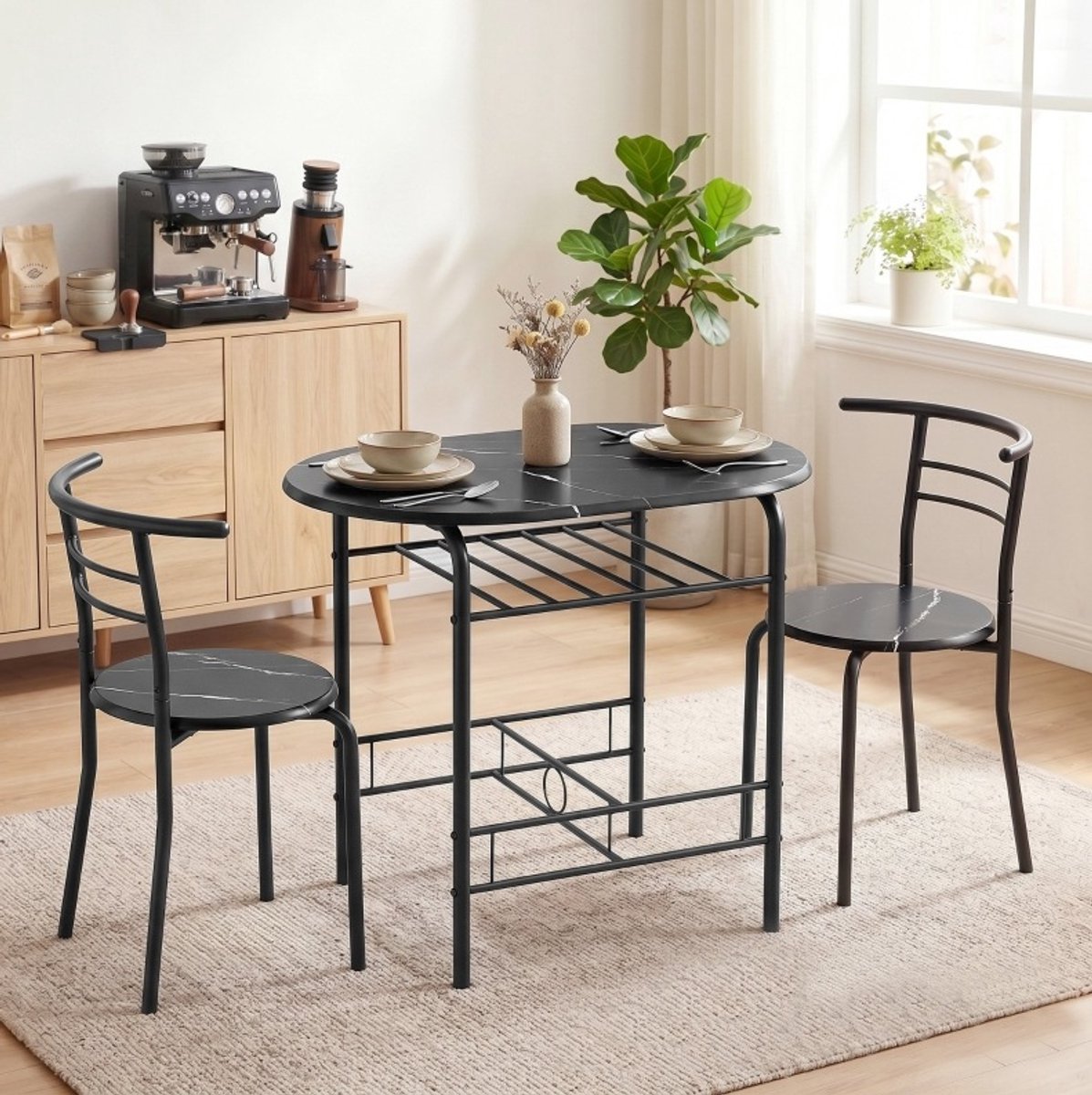 STILVORA Set Tafel En Stoelen 3 Delig Met Opbergplank Zwarte Marmerlook Industrieel Voor Eethoek En Woonkamer Hout Metaal Zwart