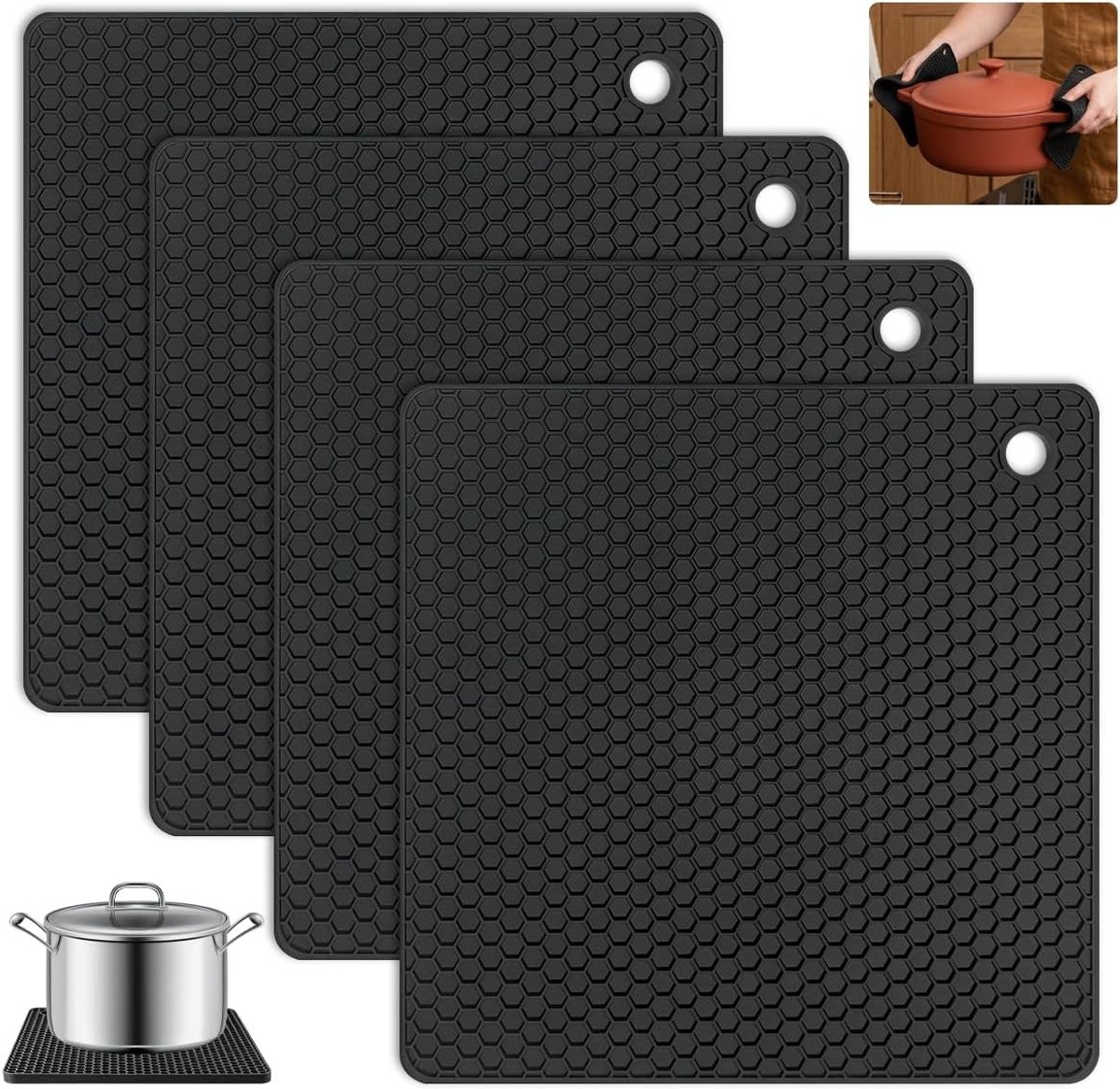 Multifunctionele Pot Onderzetters - 4 Stuks, 18 cm Inductiebescherming en Keukenaccessoires