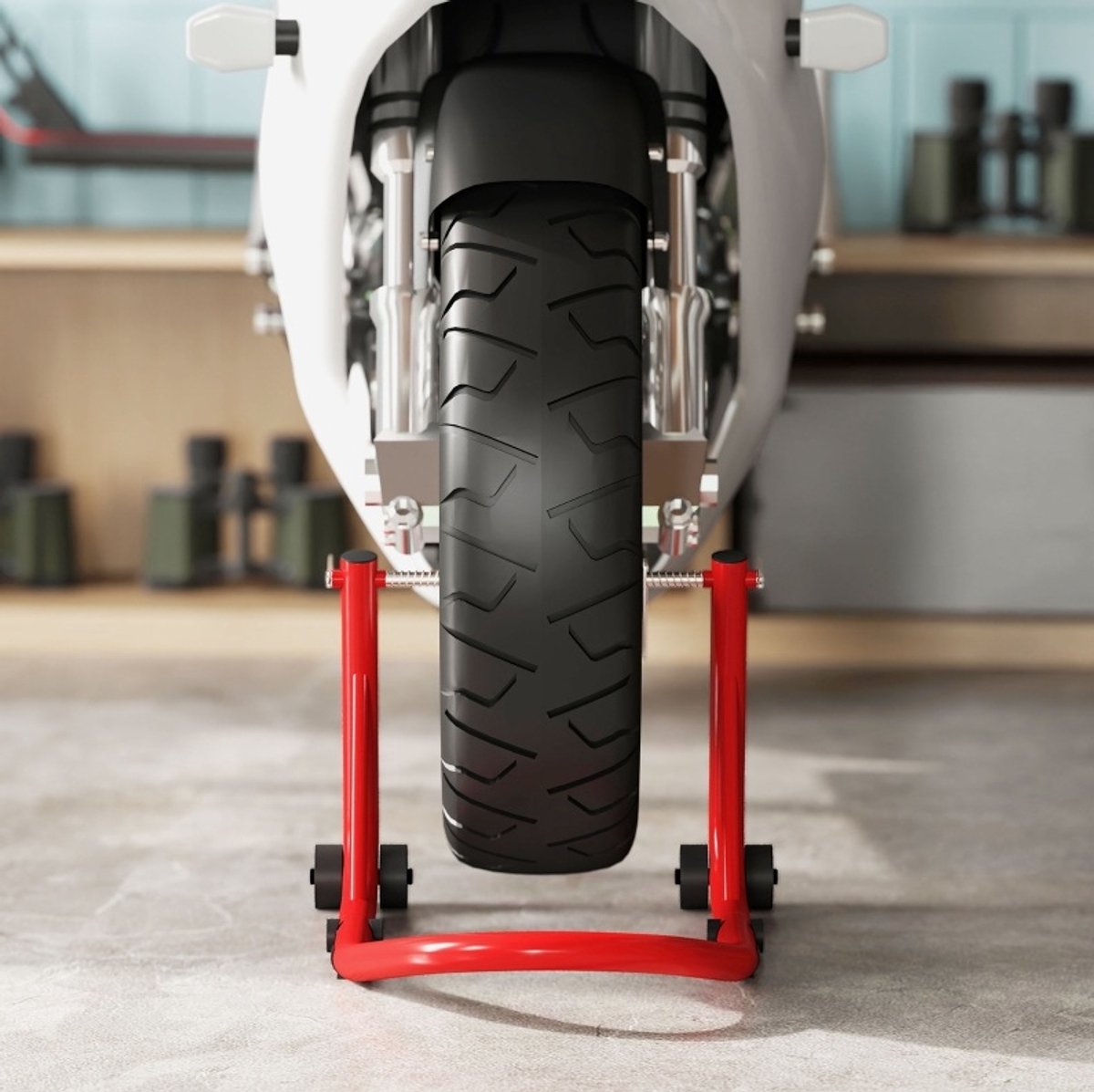REDOM - Motorradständer - Verstelbare steun met 4 wielen en stabilisatiedriehoek - Draagvermogen 544 kg - Universeel - Staal - Rood - 35 x 38 x 64 cm