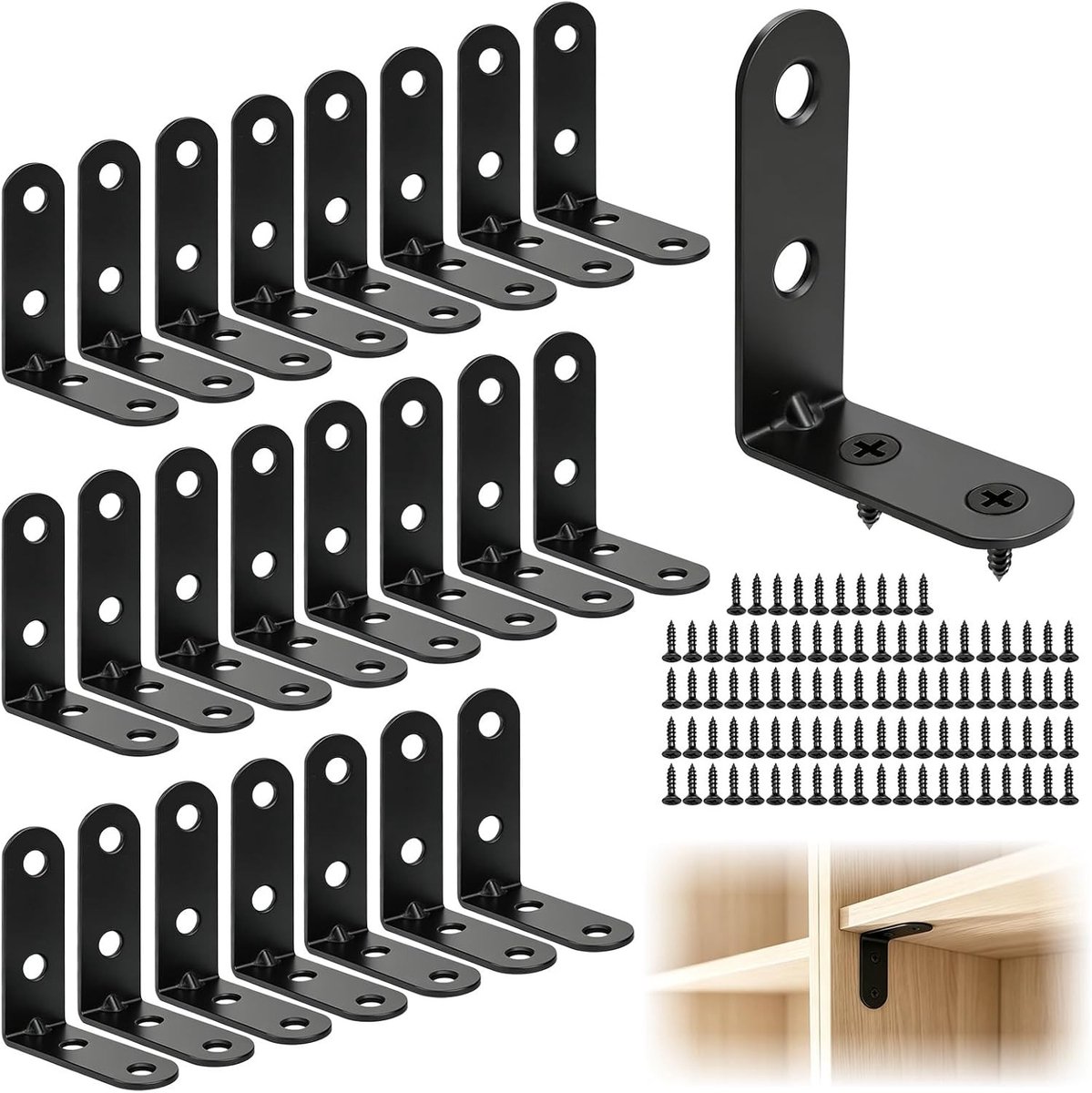 Metalen hoeken 50 x 50 x 16 mm, L-hoek van roestvrij staal, 90 graden bevestigingshoek voor meubels, tafels en kasten - 24 stuks inclusief schroeven