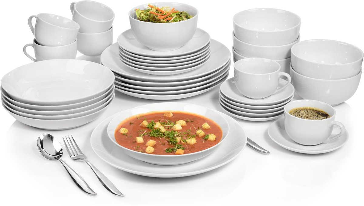 Sänger Porseleinen Serviesset - Combinatieservies - 36-delig - Wit - Hoogwaardig Porselein - Tijdloos Design