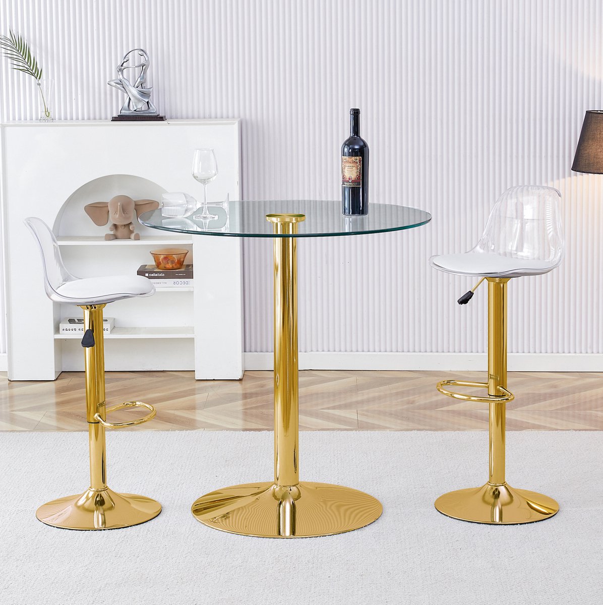 Wishdor Barset met 2 barkrukken - Verstelbaar en 360° draaibaar - Transparant modern design - Goudkleurig metaal - Ø 89 cm
