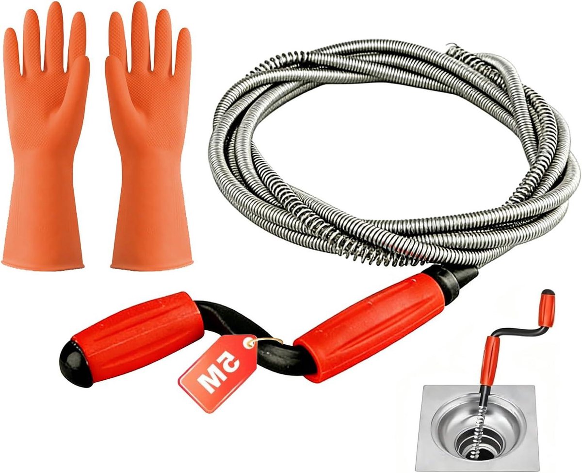 Afvoerreiniger Spiraal - Verstoppingsoplosser - Verstopping Verwijderen - Handmatige Bediening - 5 Meter - Rood