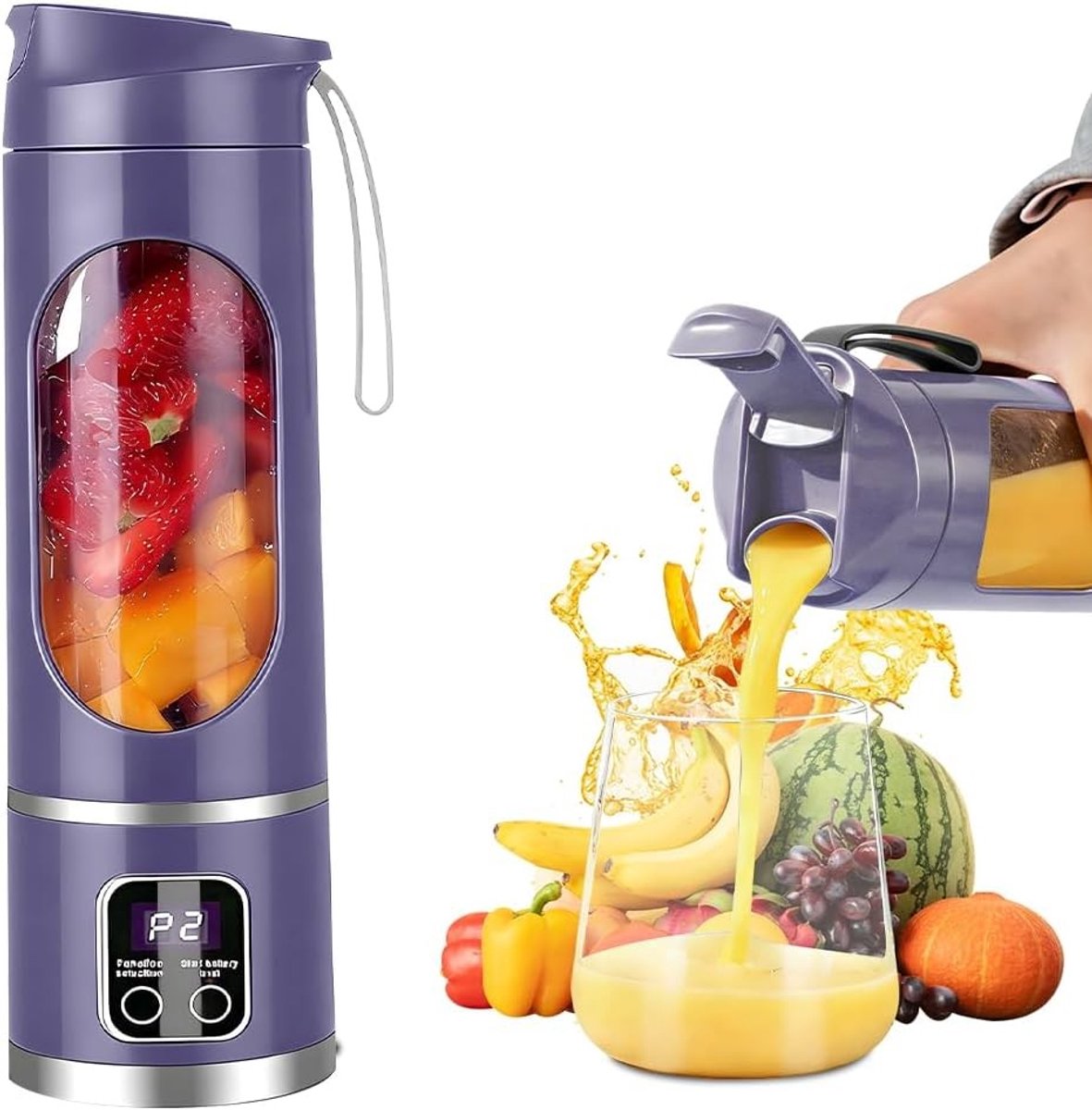 Draagbare Blender - Paars - 450 ml - Draadloze Mini-Mixer met LED-Display - Voor Shakes en Smoothies