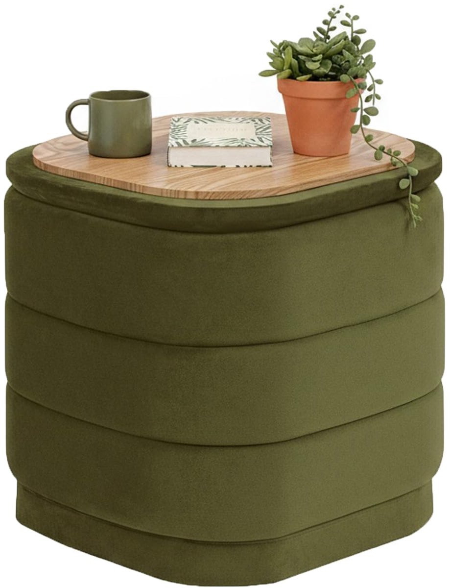 Famanu – Poef met opbergruimte, opvouwbare voetensteun met tafel, multifunctionele voetensteun voor woonkamer en slaapkamer, olijfgroen fluweel, 38 x 38 x 38 cm