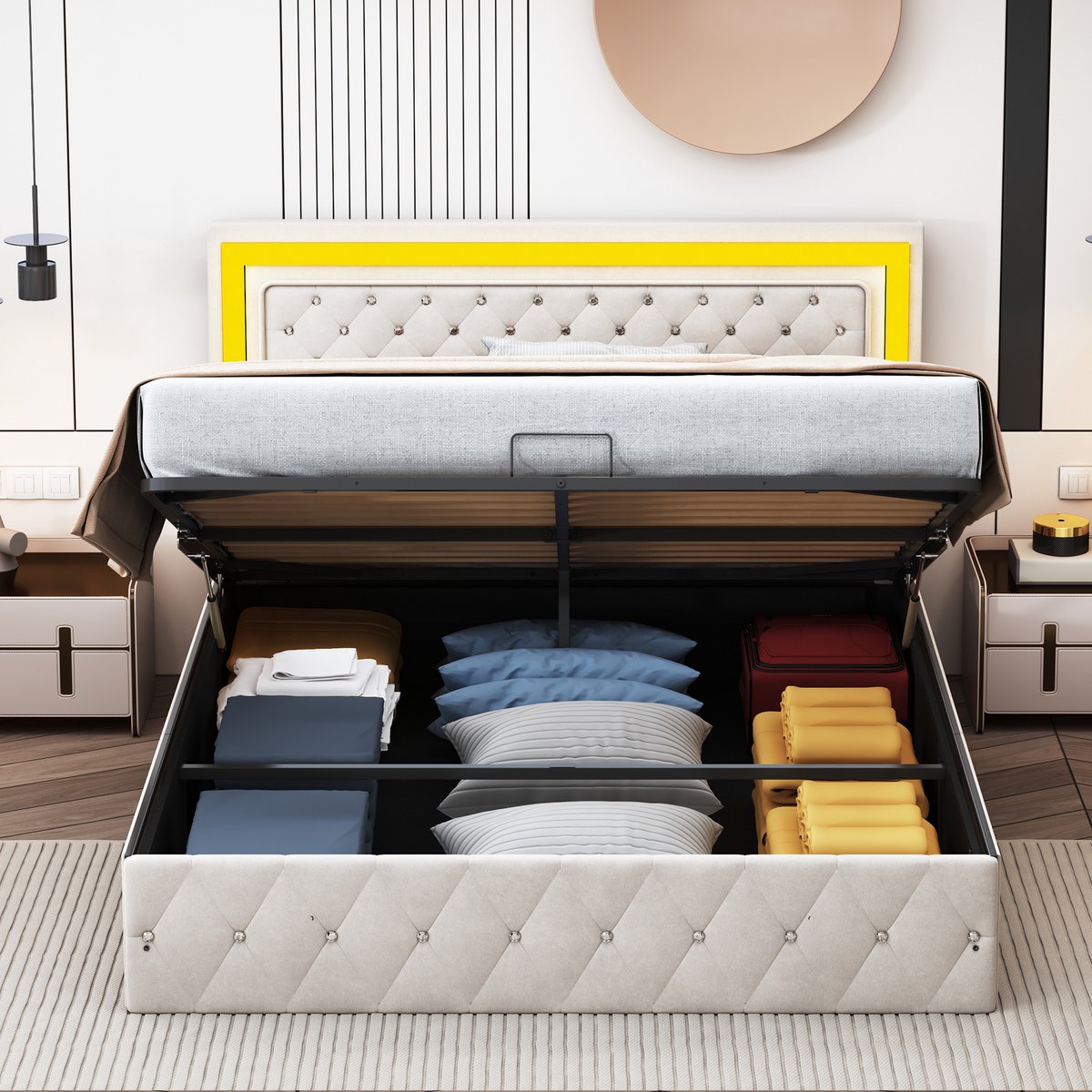 Volwassen bed 140x200 cm, tweepersoonsbed met opbergruimte en LED-verlichting, gecapitonneerd design, gestoffeerd bed, fluwelen bekleding, beige, zonder matras