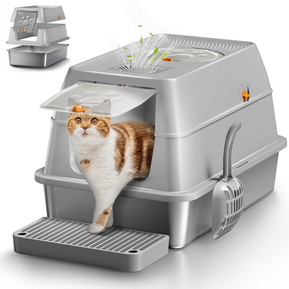 Famanu – Roestvrijstalen kattenbak met deksel, XXL gesloten kattenbak met hoge zijkanten voor grote katten, grijs Famanu – Roestvrijstalen kattenbak met deksel, XXL gesloten kattenbak met hoge zijkanten voor grote katten, grijs