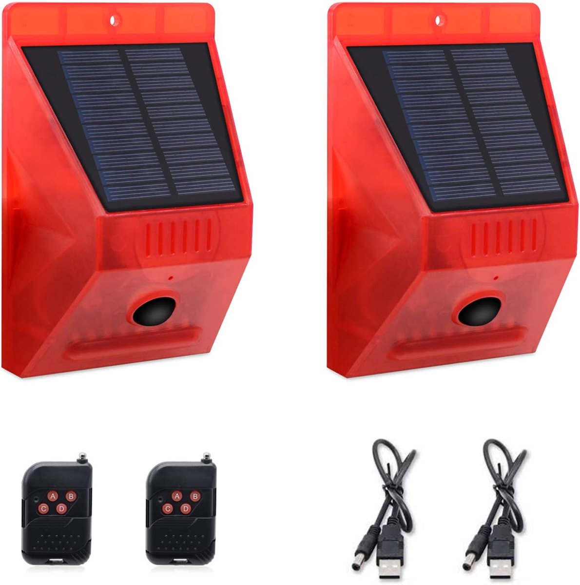 Zonne‑energie Bewegingssensor Alarm Buiten, Bewegingsdetector met geluid, 129dB Beveiligingssirene, IP65 Waterdicht, voor Villa, Kippenhok, Boerderij en Tuin, 2 Stuks