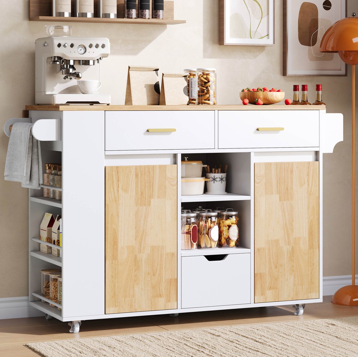 MIVRAY Keukeneiland Met Klapbaar Werkblad En Opbergruimte Voor Keuken En Eetplek Wit MDF 120 X 71 X 90 Cm