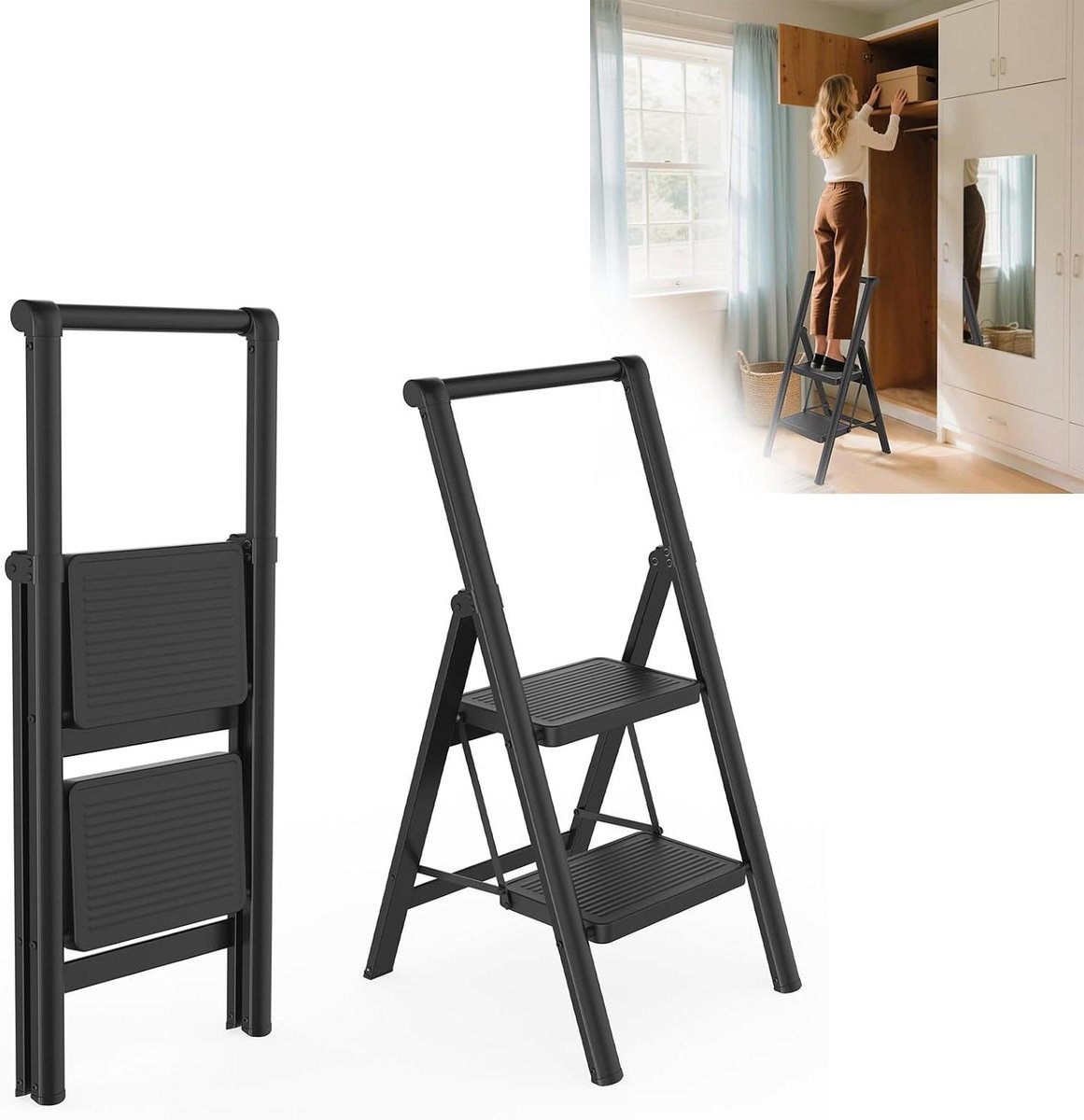 Trapladder met leuning - Opstapkruk huishouden - Klusjes in huis - Stabiele driehoek constructie - 2 treden - Zilver