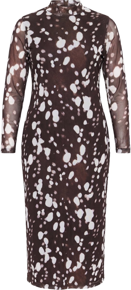 Ulla Popken - Dames - Maxi-jurk mesh stippen opstaande kraag lange mouwen - Mahonie - Maat 54+