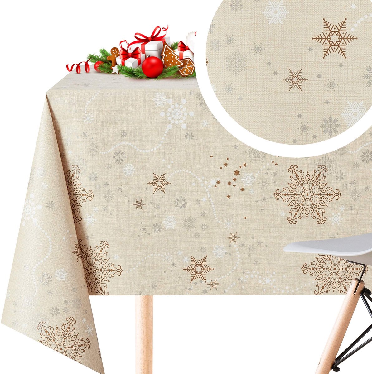 Famanu – Afveegbaar rechthoekig tafelkleed, 250 x 140 cm, beige, waterdicht, met goud en witte sneeuwvlokken, afwasbaar PVC, voor 8-persoons tafel