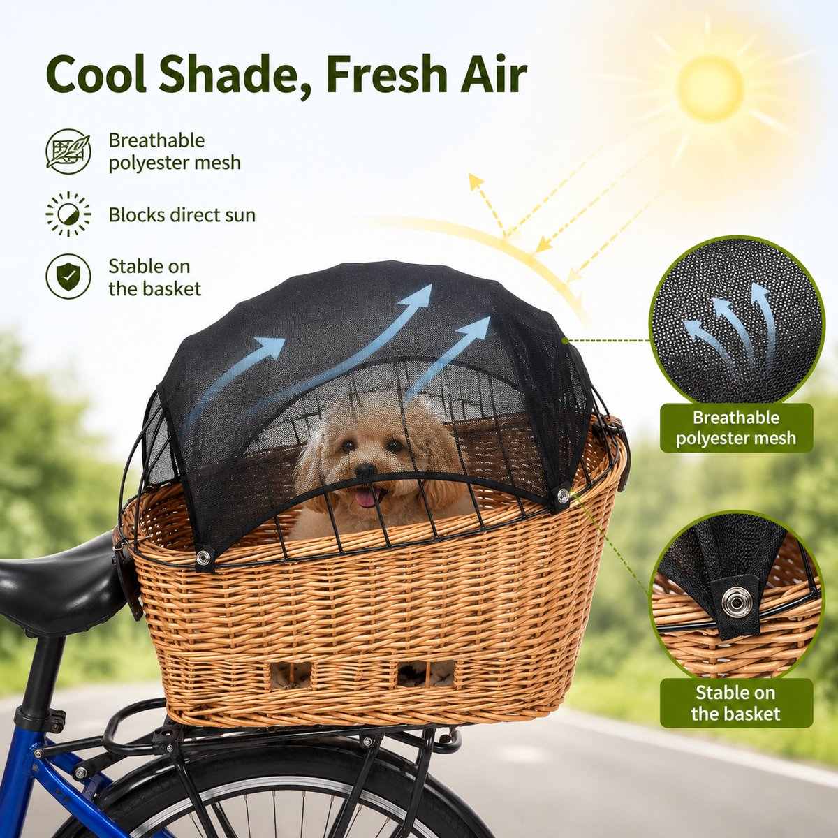 Fietsmand Zonnescherm UV - 60x38 cm-werend - Hondenmand Fiets Afdekhoes voor Huisdieren - Ademend Schaduwdoek voor Fiets Achter Bagage Mand - Lichtgewicht en Opvouwbaar-Zwart