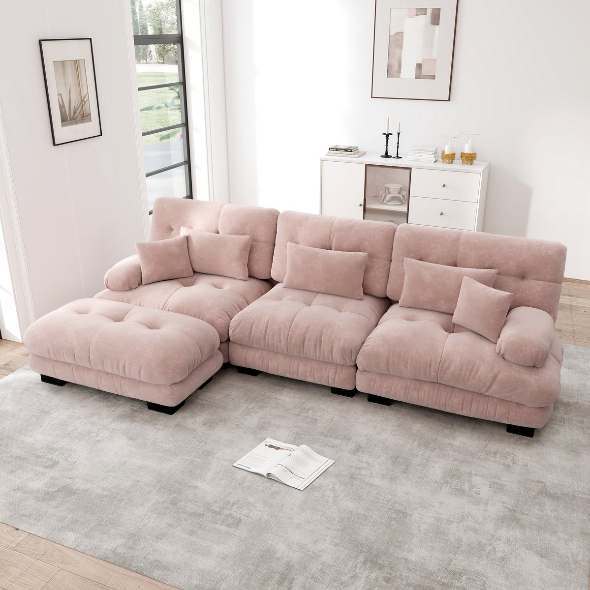 DESMIU Hoekbank 3-Zits - Modulaire L-Vormige Bank Met Poefs - Diepe Wolklook Zit Voor Woonkamer En Kantoor - Chenille - Roze