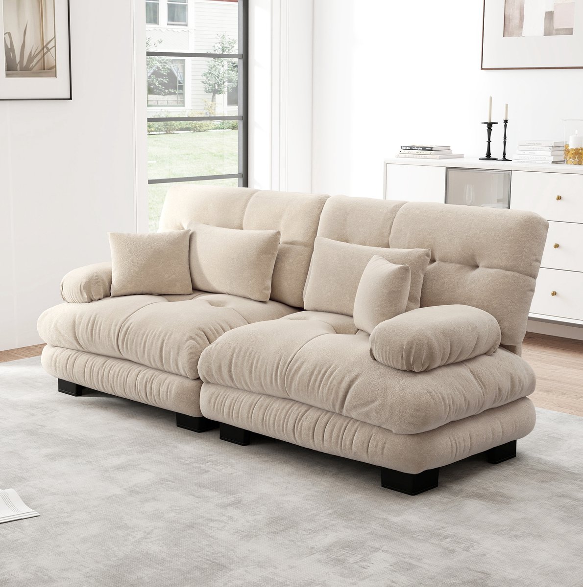 DESMIU Hoekbank - 2-Zits - Cloud Design Met 2 Lendenkussens En 2 Sierkussens - Voor Woonkamer En Bureau - Chenille - Licht Koffie