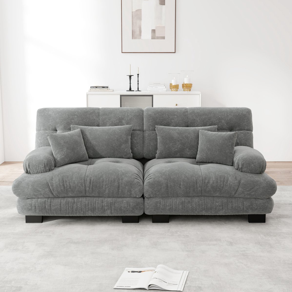 DESMIU Hoekbank 2-Zits - Cloud Design Met Lendenkussens En Sierkussens - Voor Woonkamer En Bureau - Chenille - Grijs