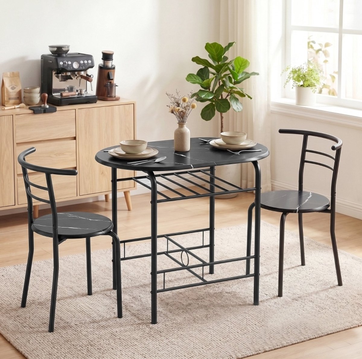OKWISH Tafel En Stoelenset - 3-Delig Met 2 Stoelen - Marmerlook, Opbergplank En Industrieel Design - Voor Eetkamer Of Woonkamer - Hout - Zwart