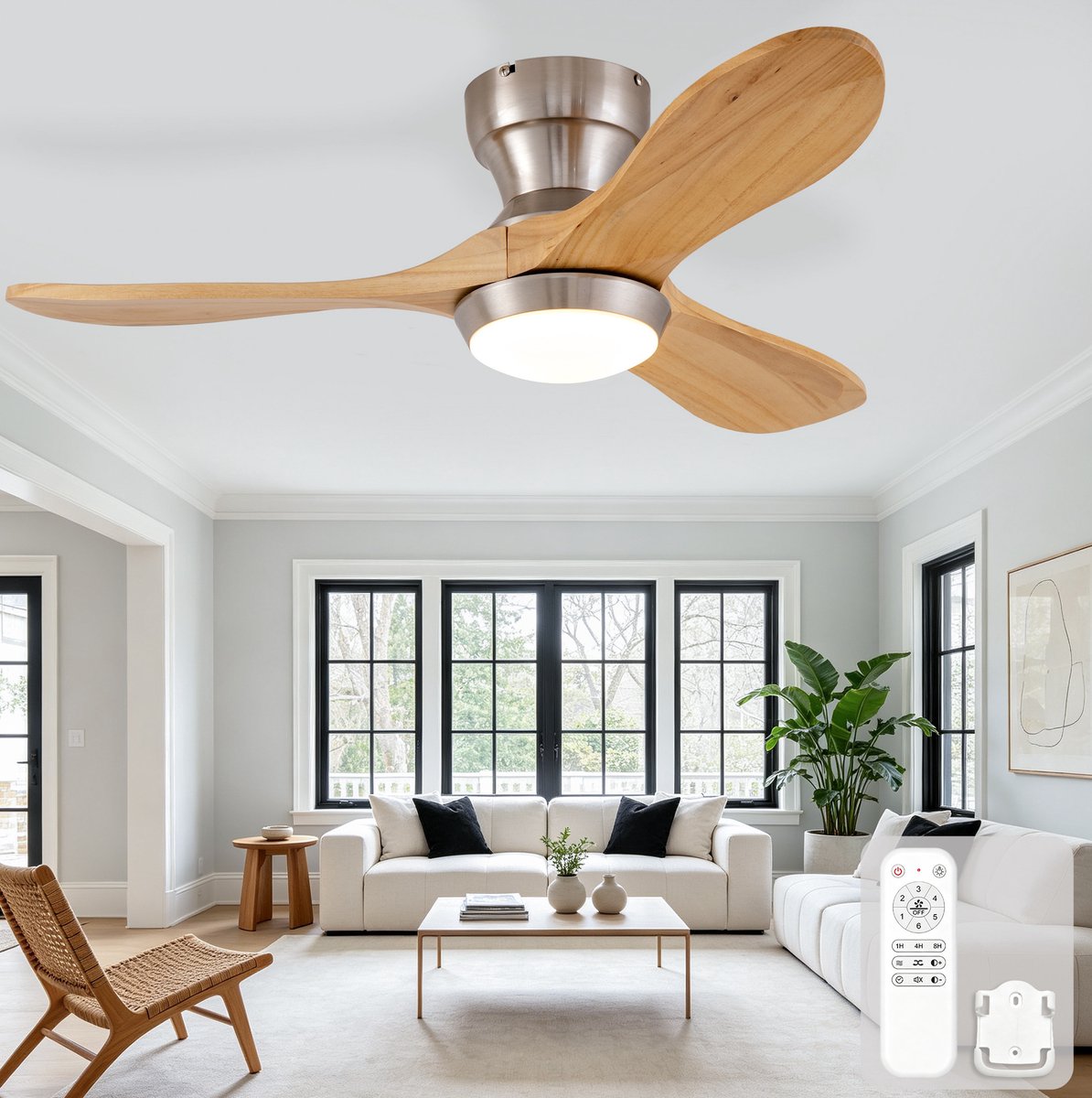 Plafondventilator Met Verlichting En Afstandsbediening - 90 Cm - 6 Snelheden - Hout - Natuurlijk - Voor Woonkamer En Slaapkamer - Omkeerbare Motor