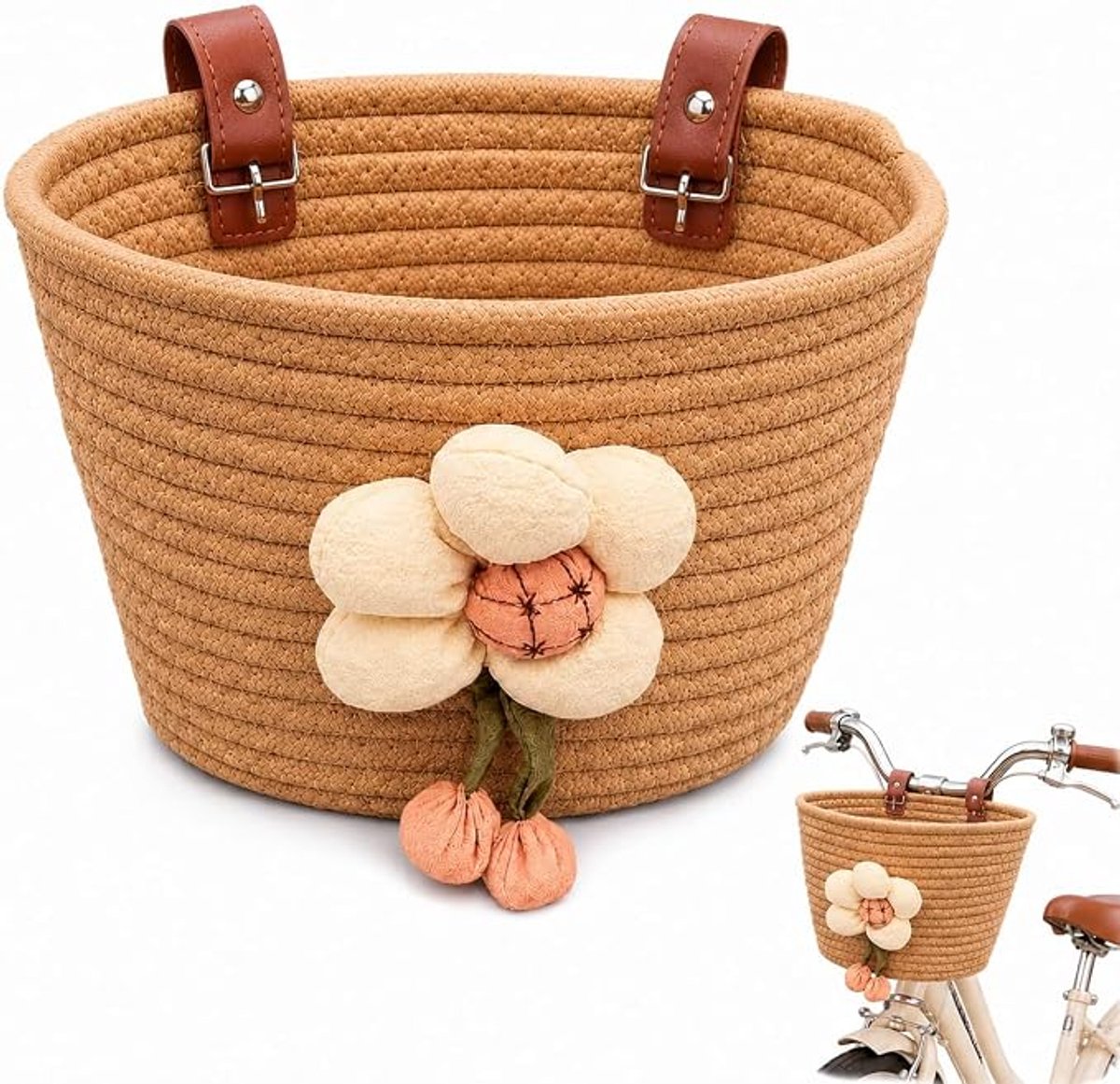 Fietsmand - Fietsmand voor kinderen - Handgeweven katoenen touwmand - Fietsaccessoire - Versierd met bloemenpatroon - 15,5*14,5*19,5 cm - Geschikt voor meisjesfietsen, driewielers, loopfietsen, enz - Bruin