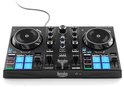 Zwarte Hercules DJControl Inpulse 200 MK3 controller met verlichte groene en blauwe pads.