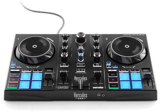 Zwarte Hercules DJControl Inpulse 200 MK3 controller met verlichte groene en blauwe pads.
